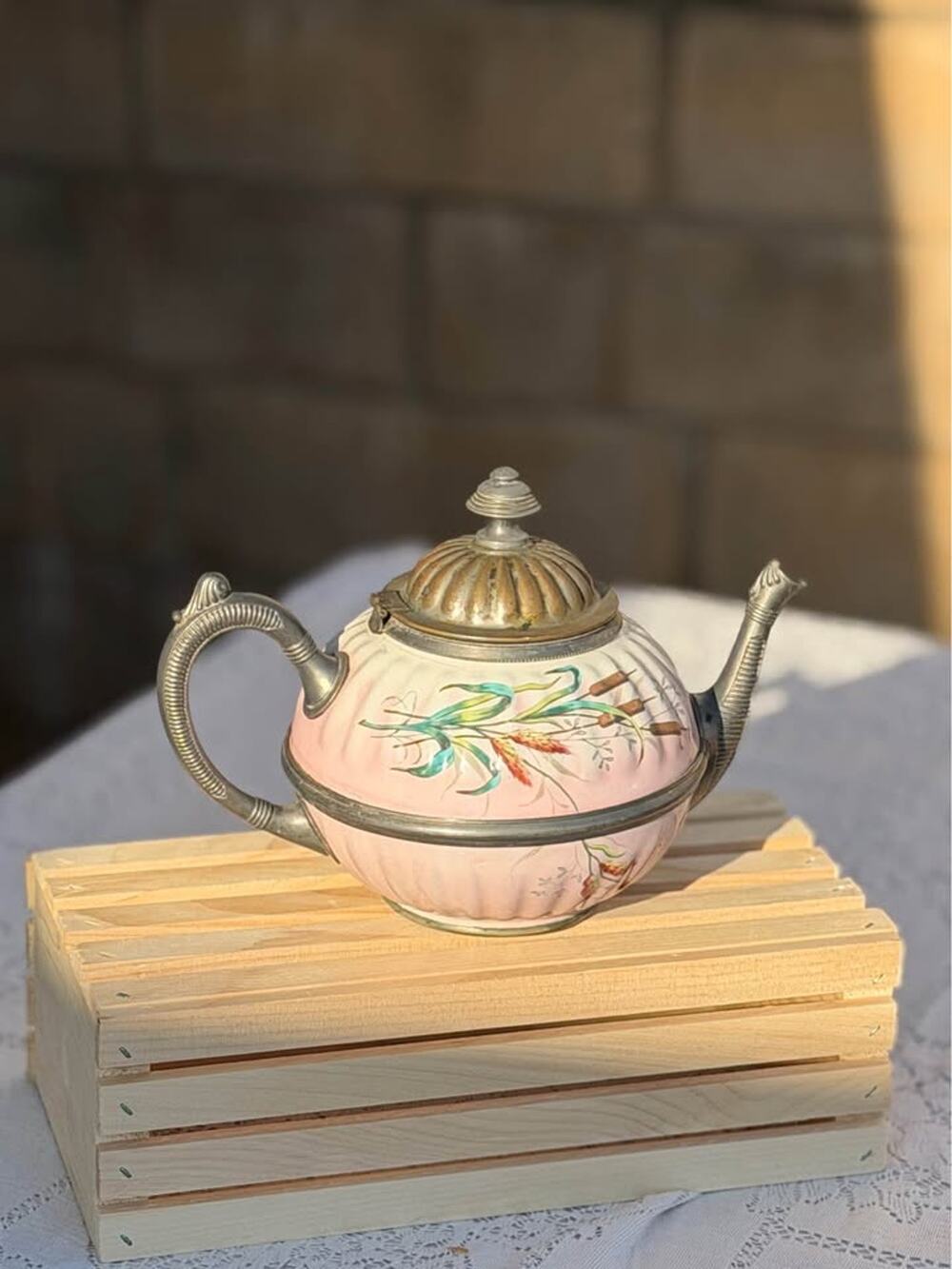 Victorian Pink Porcelain & Silver Plate Teapot Hand Painted Cattails Floral